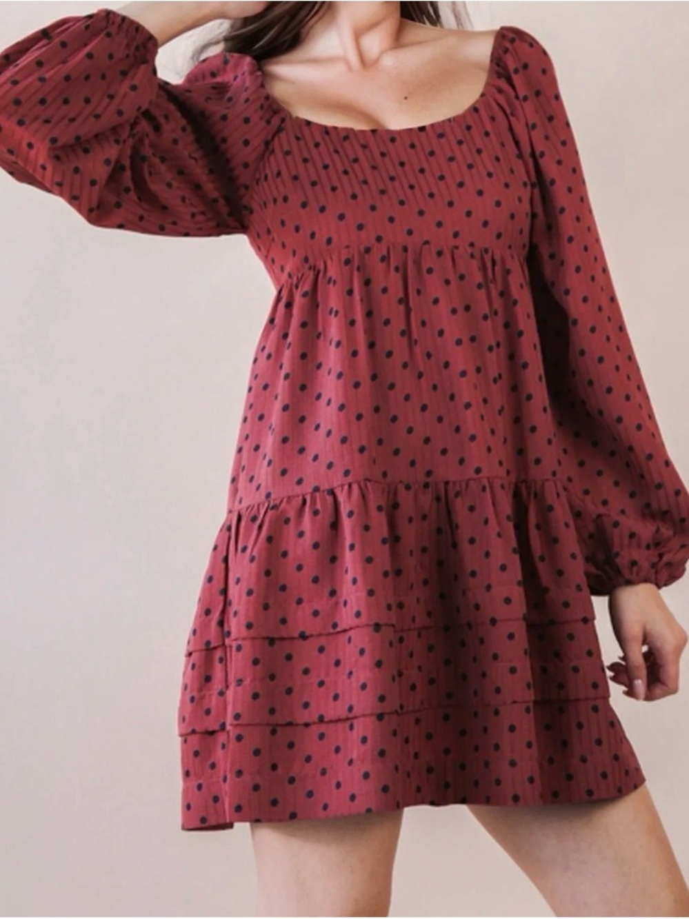 Very J Burgundy and Navy Polka Dot Tiered Mini Dress